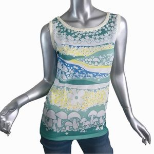 Vintage 60s Psychedelic Mushroom Floral Tank Top. 
Green white yellow and blue.